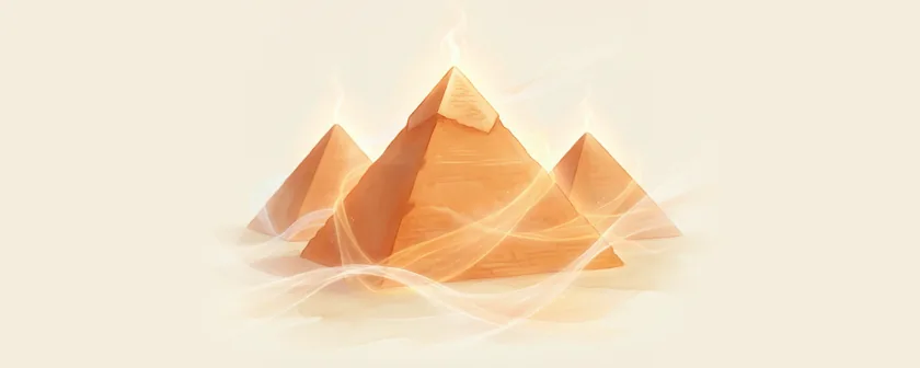 The pyramids of Giza drawn in wisps of orange light