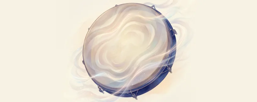 A frame drum drawn in wisps of indigo light