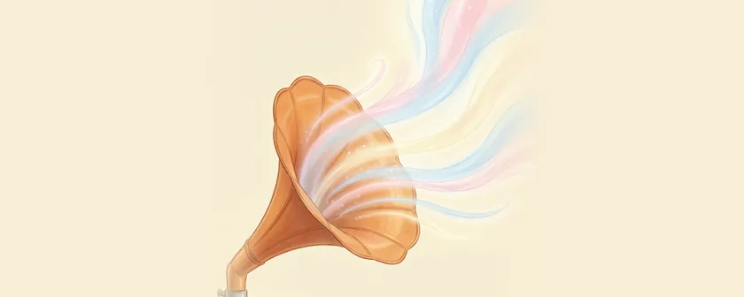 A gramophone horn drawn in wisps of orange light