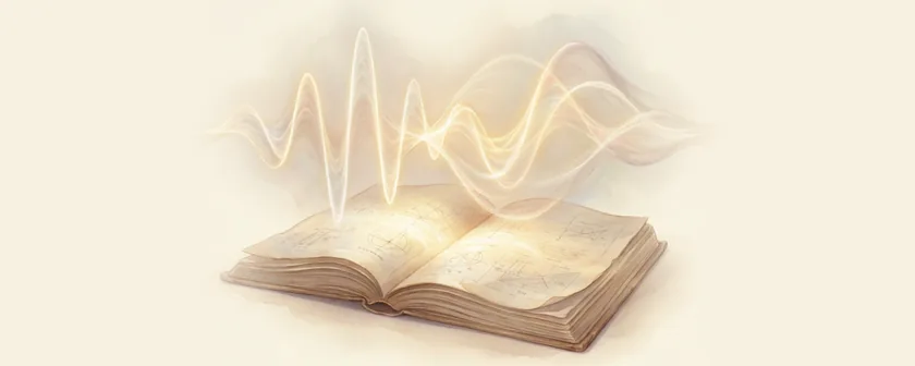 An open journal with two interfering waveforms in golden light