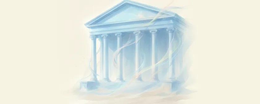 A columned federal facade drawn in wisps of blue light